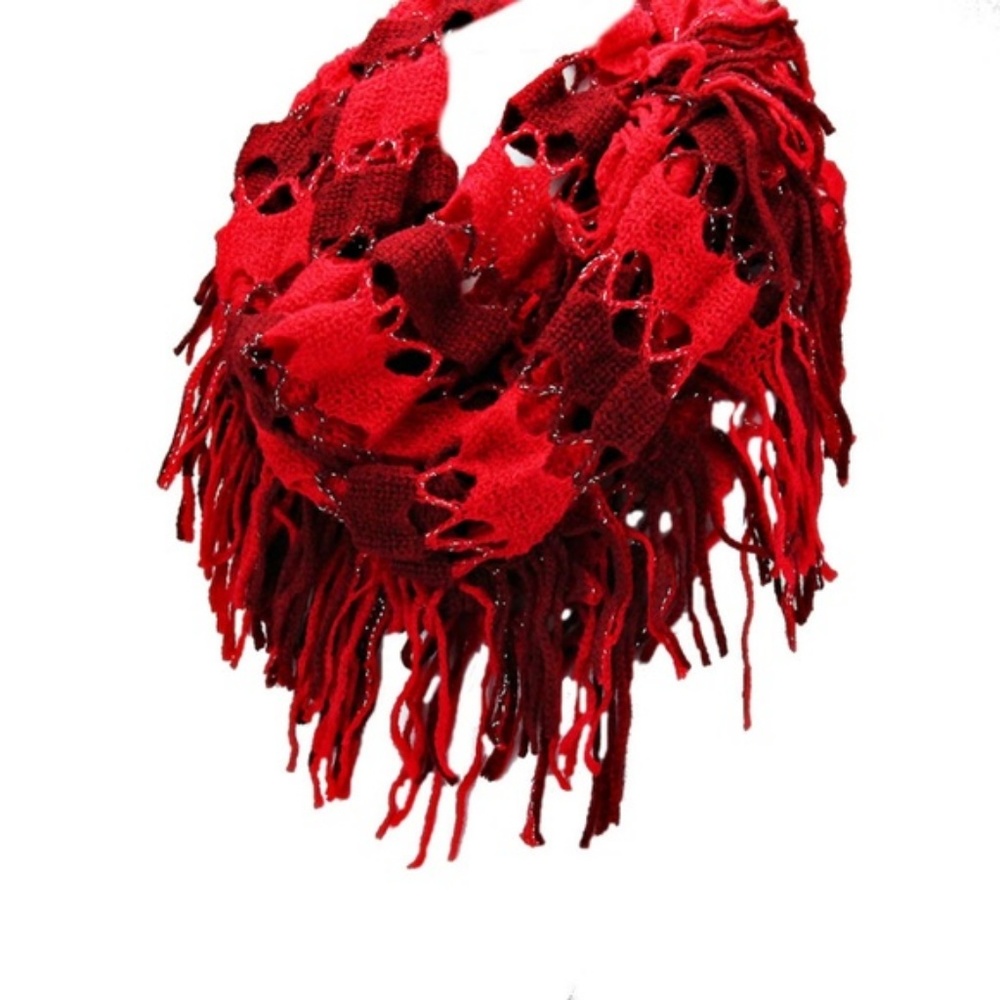 Red Two Tone Silver Sparkle Tassel Infinity Scarf